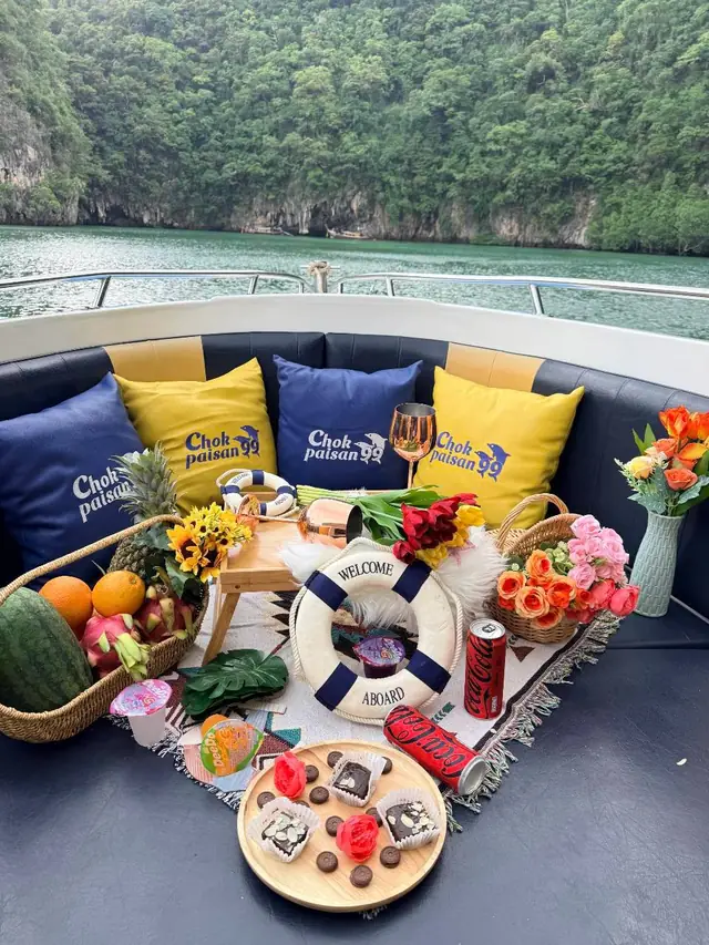 Luxury speedboat near an island