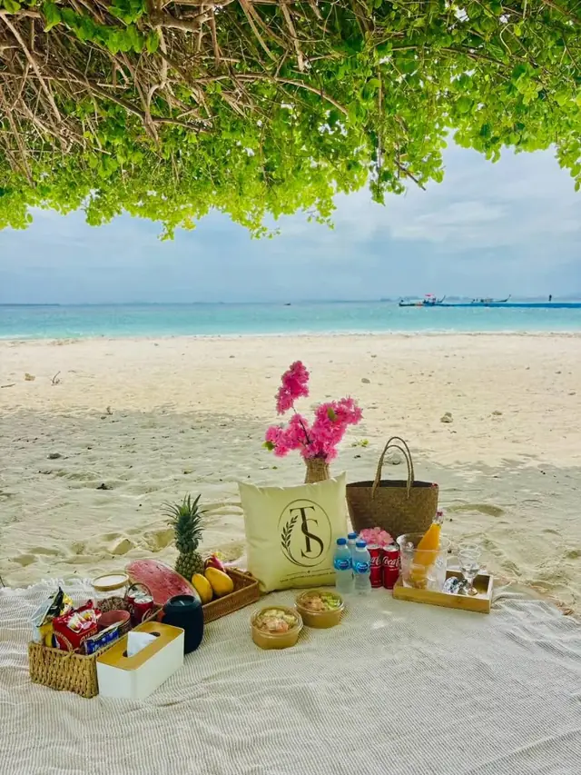 Picnic set under a tree on a white-sand beach