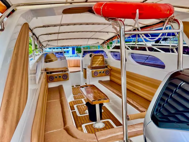 Inside the luxury speedboat, tan seats