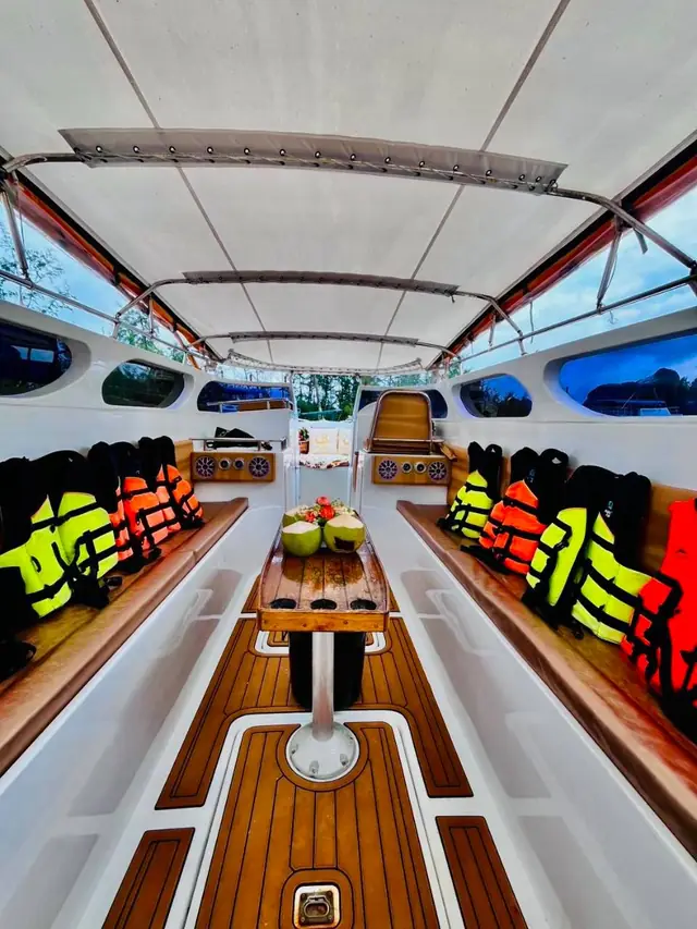 Life jackets hung on both sides of the luxury speedboat