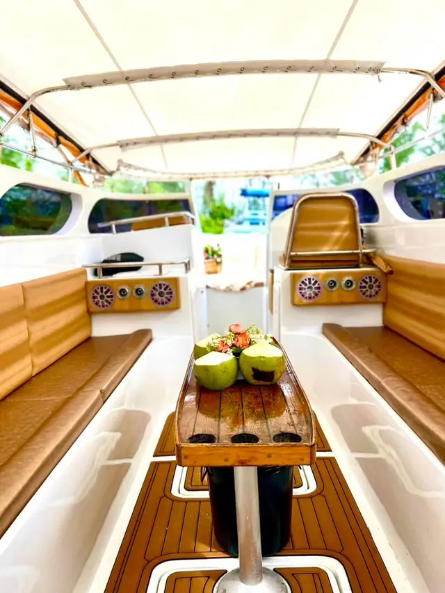 Coconuts on the wooden table in the luxury speedboat