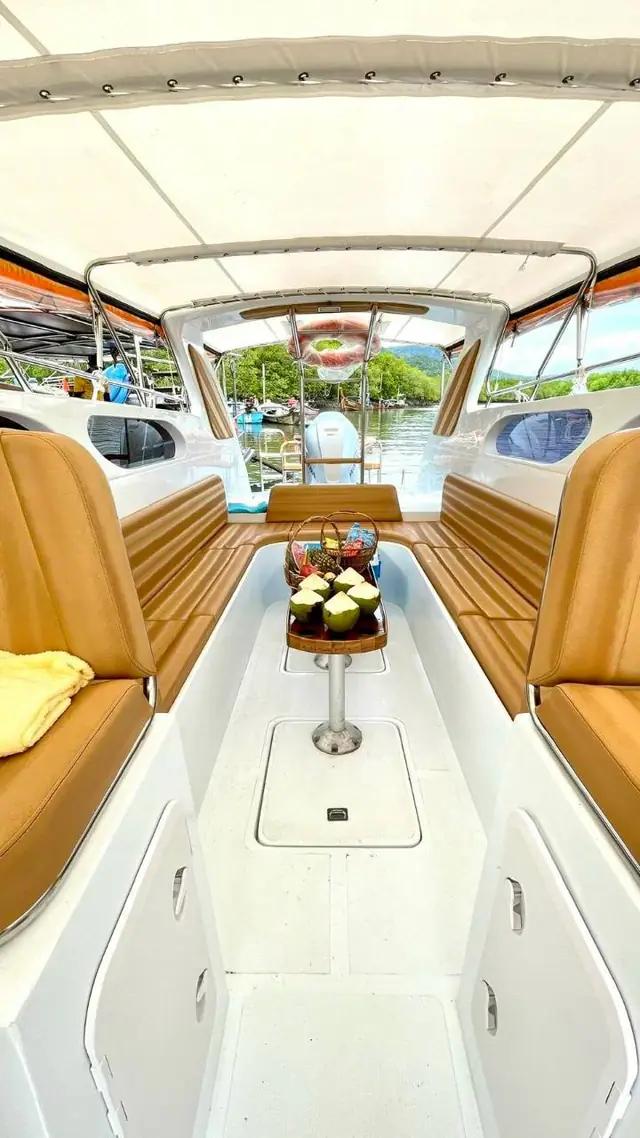 Aisle of the luxury speedboat looking to the bow